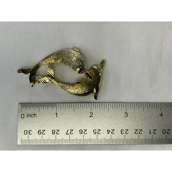 Pair of Dolphins Gold Toned Brooch/Pin Textured, Lightweight, Animals - Picture 5 of 5